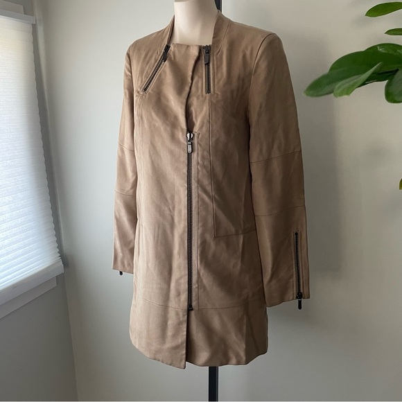 J Brand Asymmetrical Zippered Coat Long Jacket Tan Women’s Size 6 Small - Picture 7 of 9